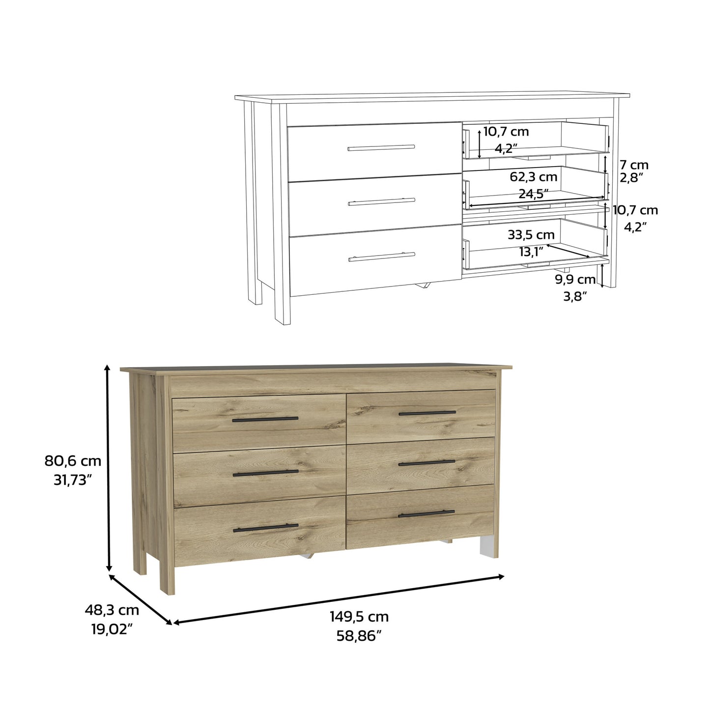 59" Natural Six Drawer Double Dresser