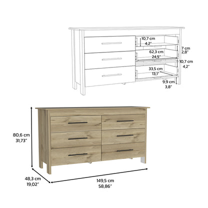 59" Natural Six Drawer Double Dresser