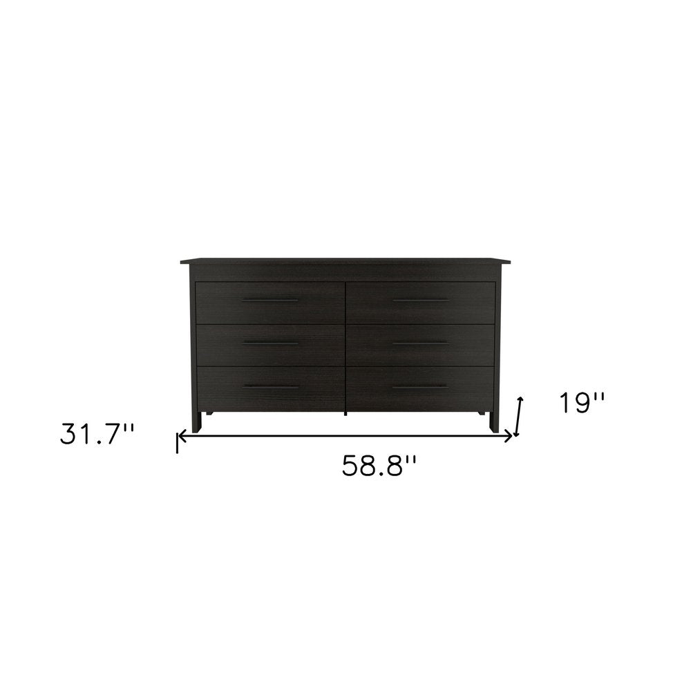 59" Black Wood Six Drawer Double Dresser