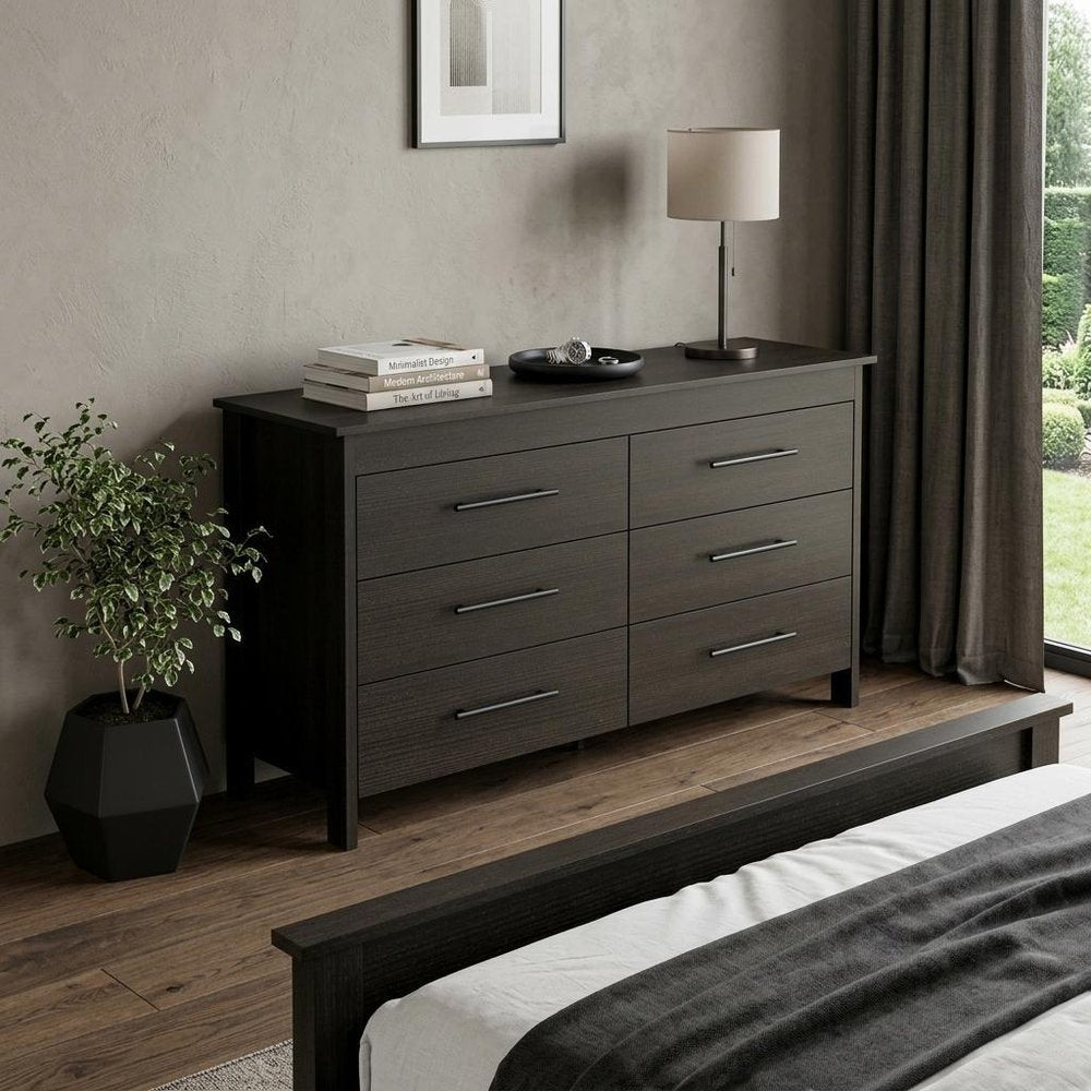 59" Black Wood Six Drawer Double Dresser