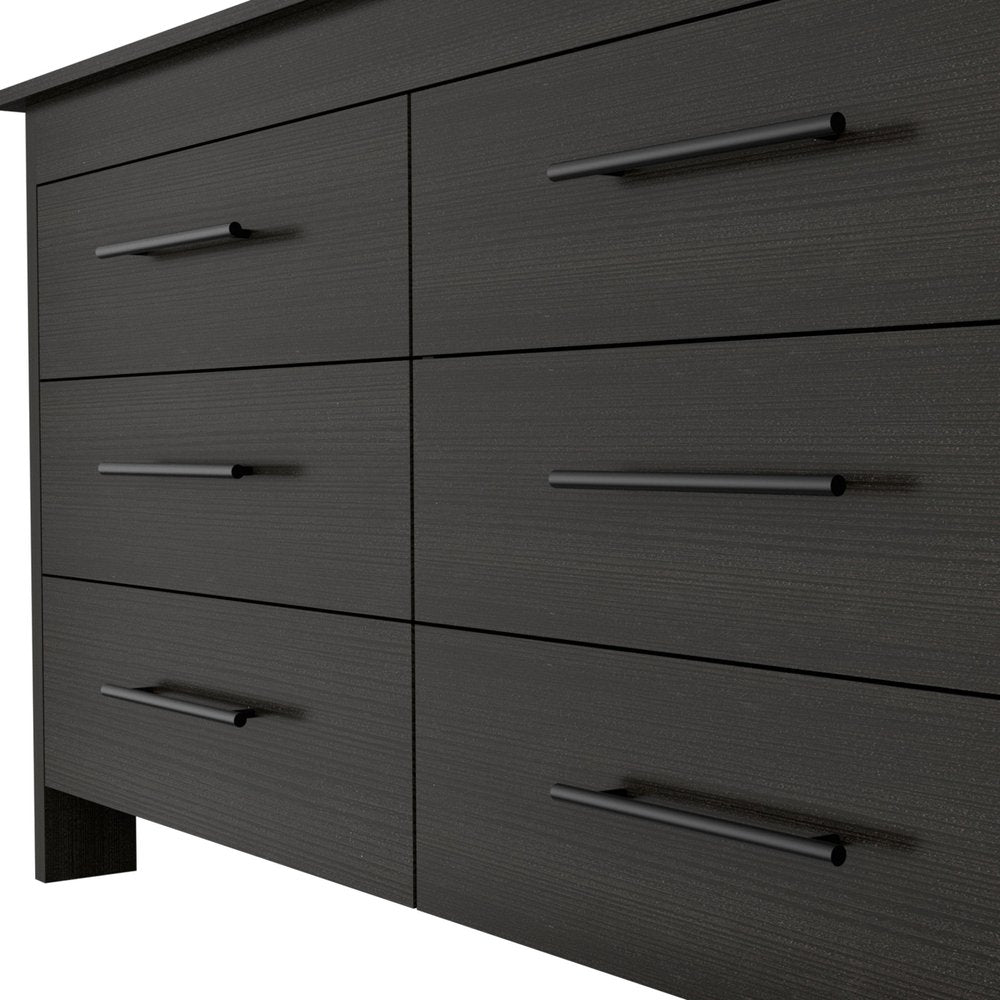 59" Black Wood Six Drawer Double Dresser