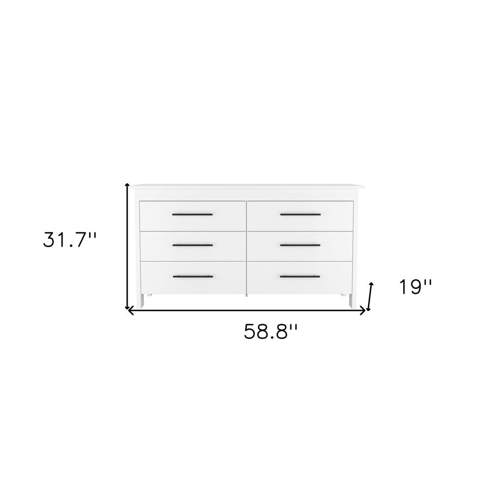 59" White Wood Six Drawer Double Dresser