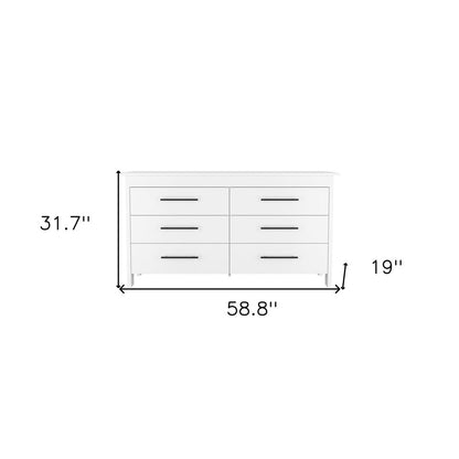 59" White Wood Six Drawer Double Dresser