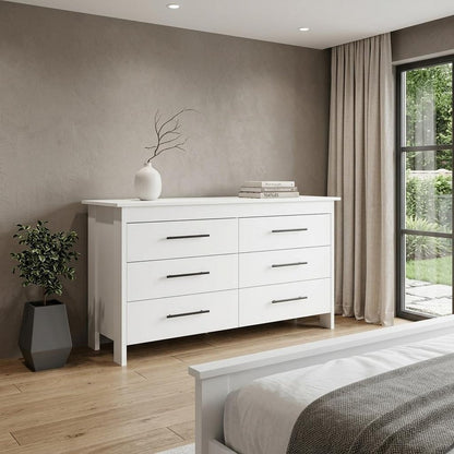 59" White Wood Six Drawer Double Dresser