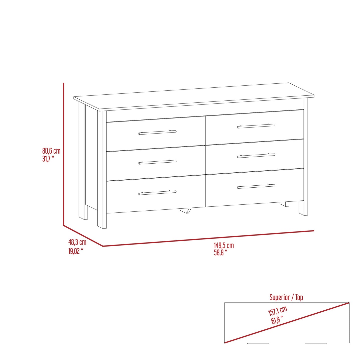 59" White Six Drawer Double Dresser