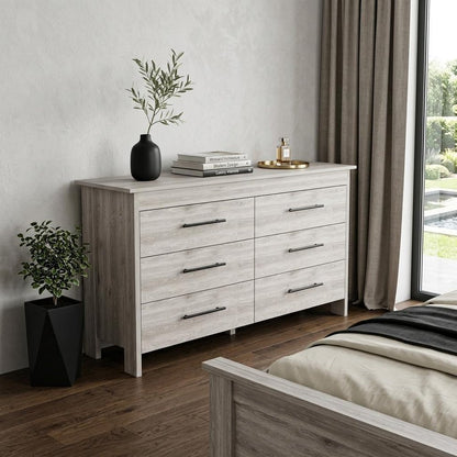 59" Light Gray Wood Six Drawer Double Dresser