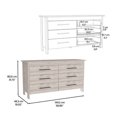 59" Light Gray Six Drawer Double Dresser