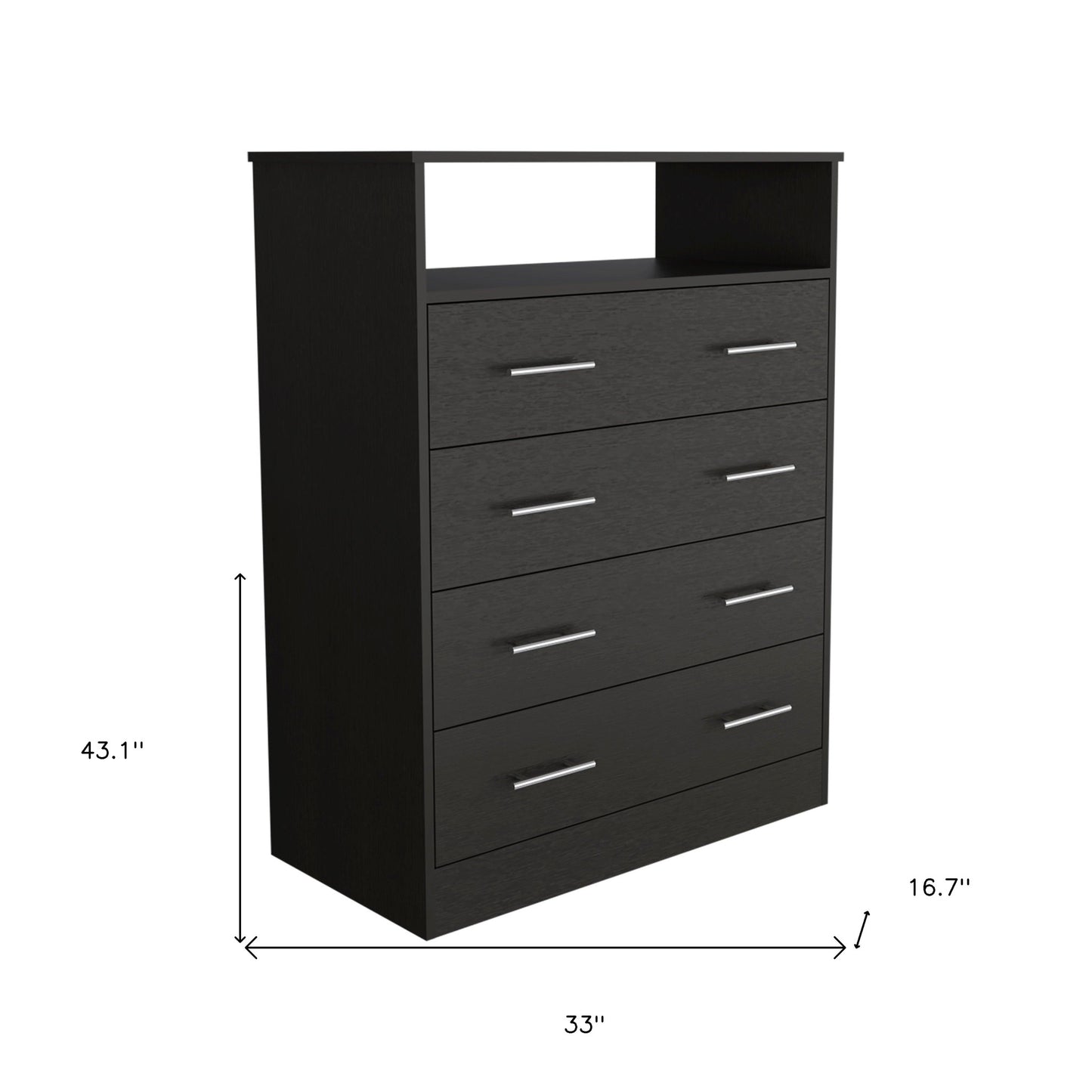 33" Black Four Drawer Standard Chest With Open Shelf