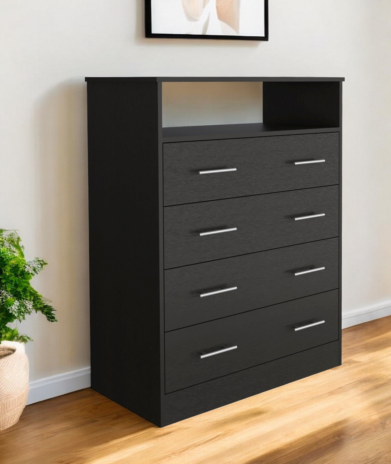 33" Black Four Drawer Standard Chest With Open Shelf