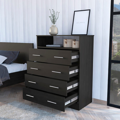 33" Black Four Drawer Standard Chest With Open Shelf