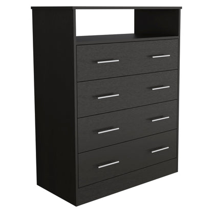 33" Black Four Drawer Standard Chest With Open Shelf