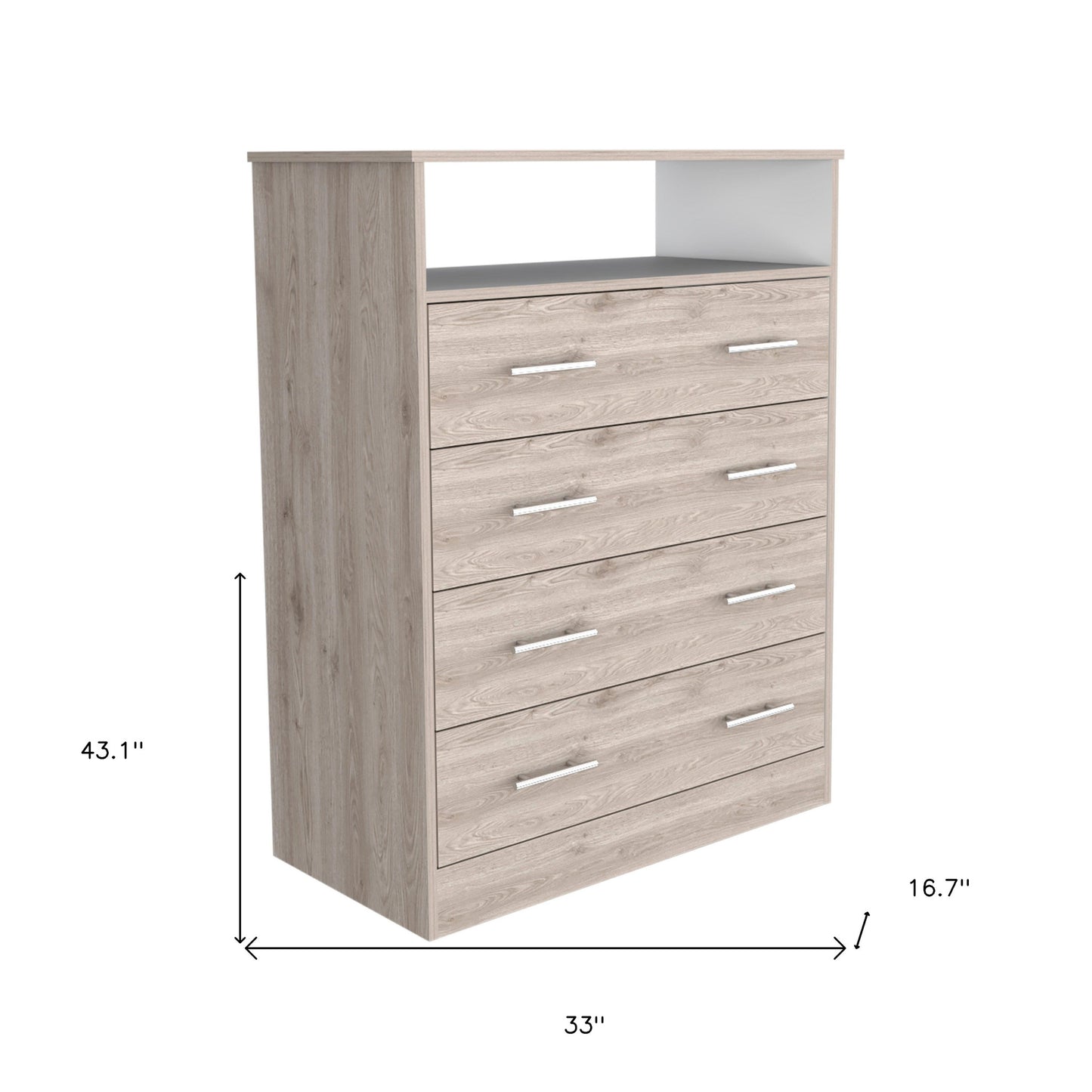 33" Light Gray Four Drawer Standard Chest With Open Shelf