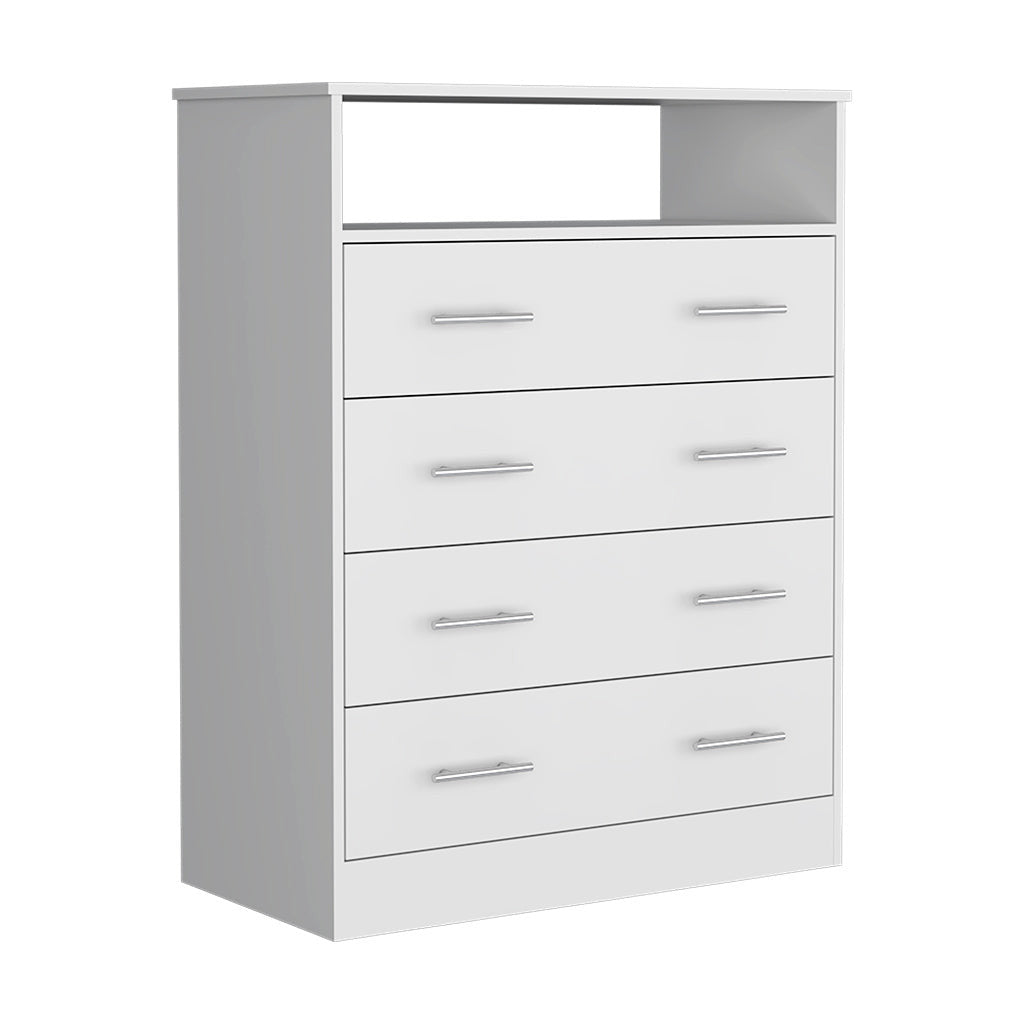 33" White Four Drawer Standard Chest With Open Shelf