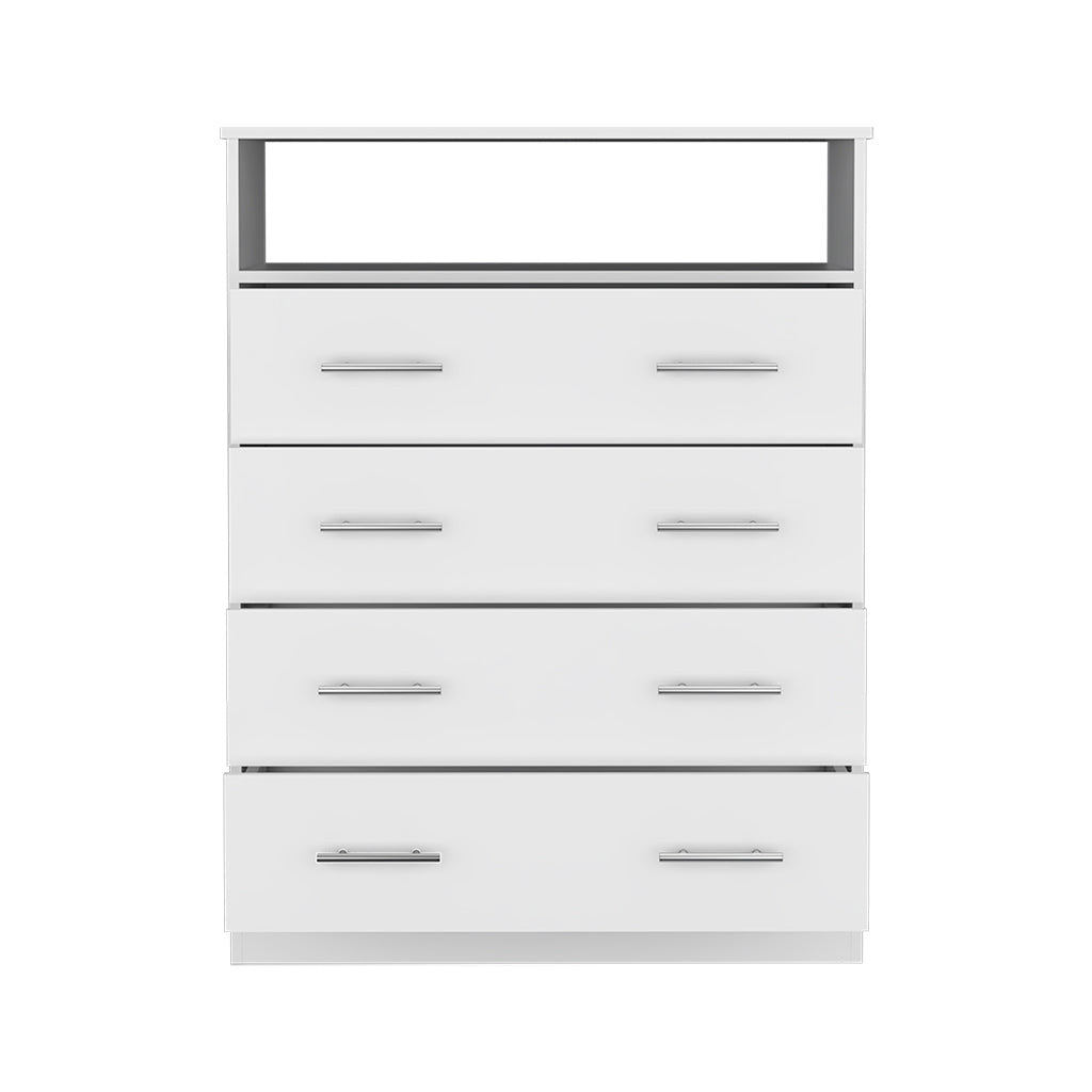 33" White Four Drawer Standard Chest With Open Shelf