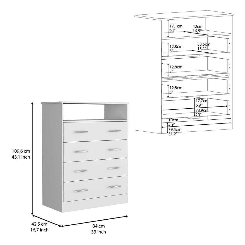 33" White Four Drawer Standard Chest With Open Shelf