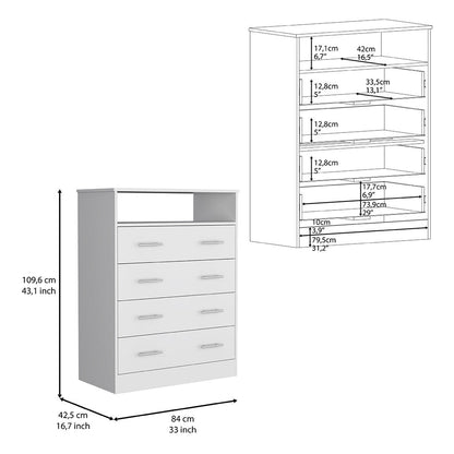 33" White Four Drawer Standard Chest With Open Shelf