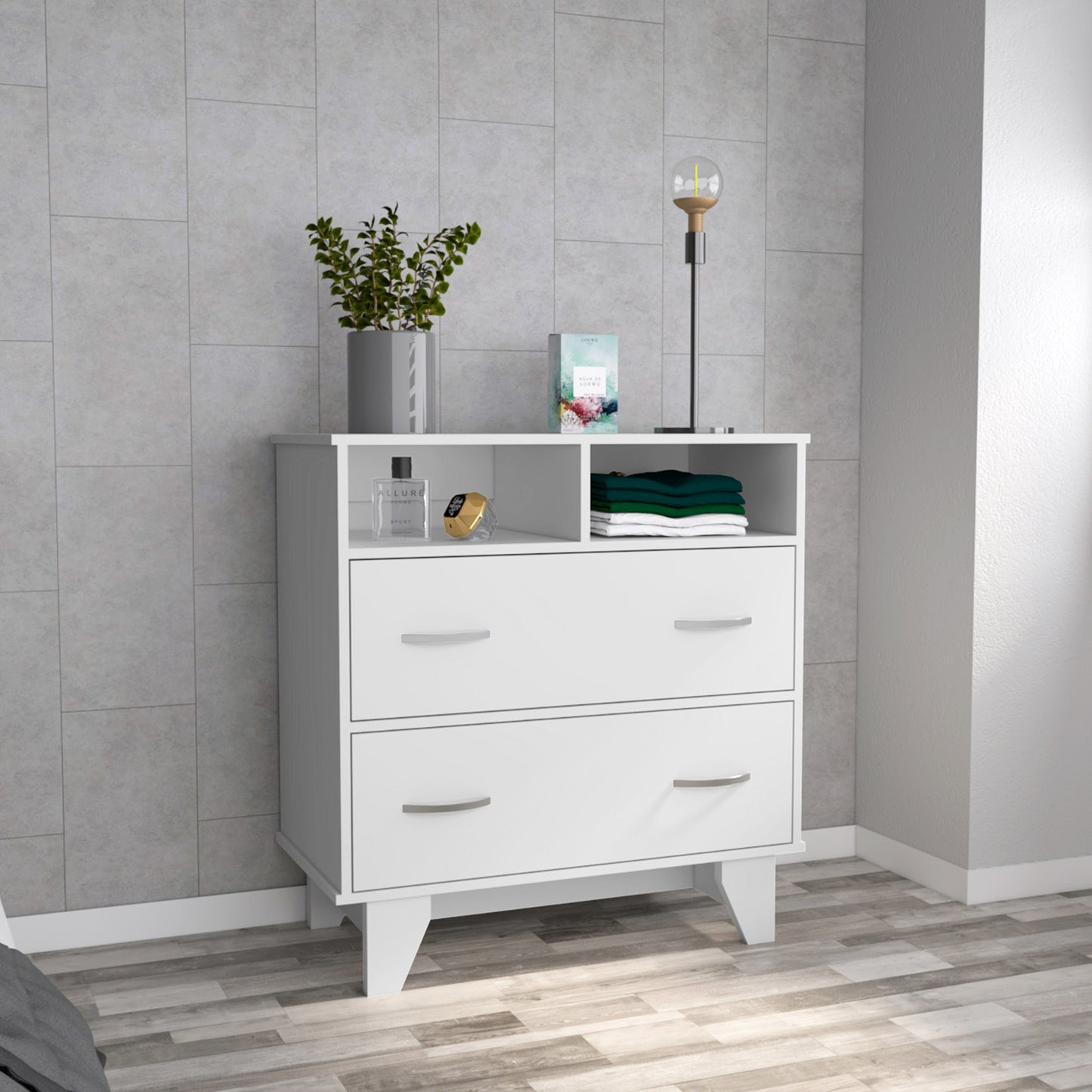 32" White Two Drawer Dresser With Open Shelving