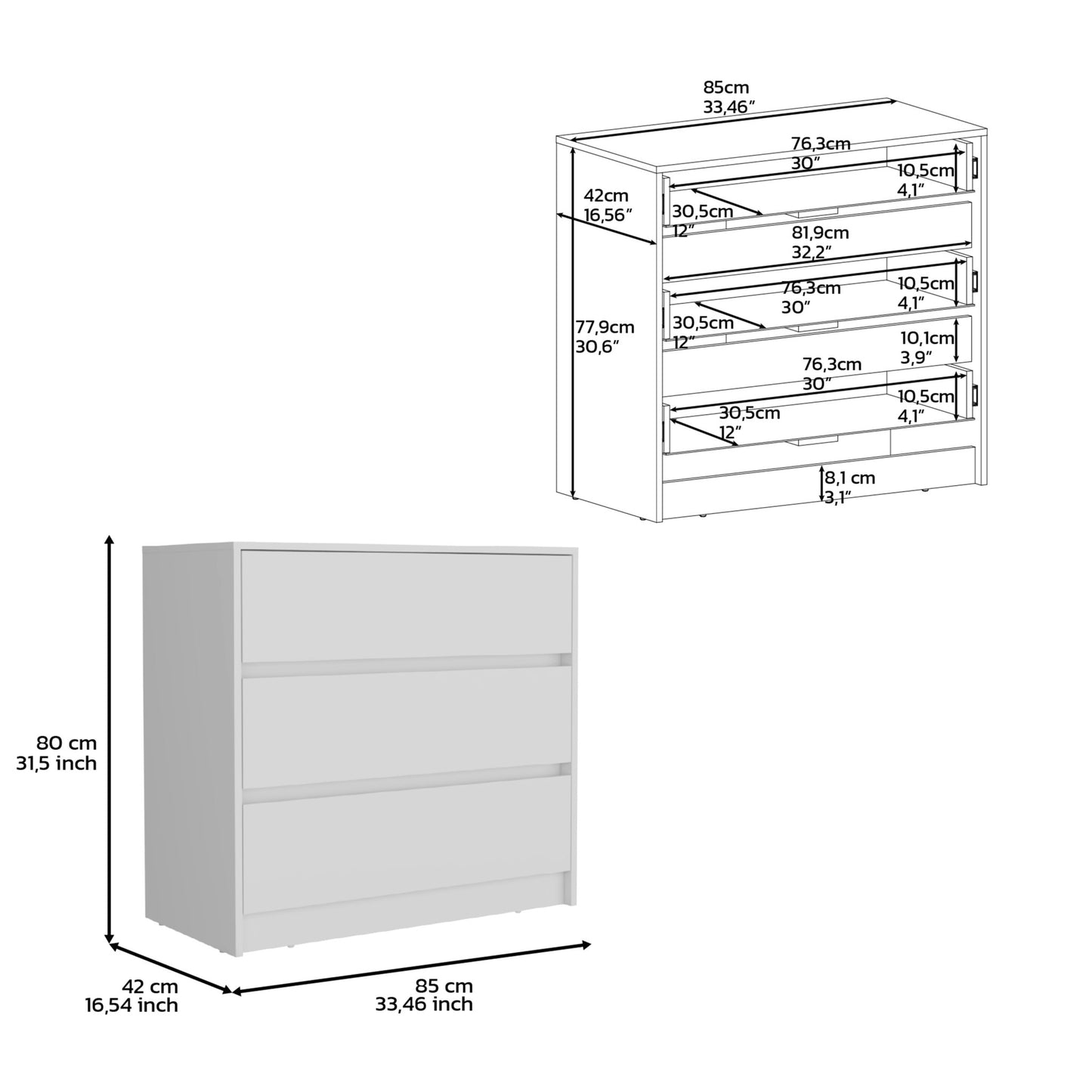 34" White Three Drawer Dresser