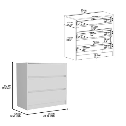 34" White Three Drawer Dresser