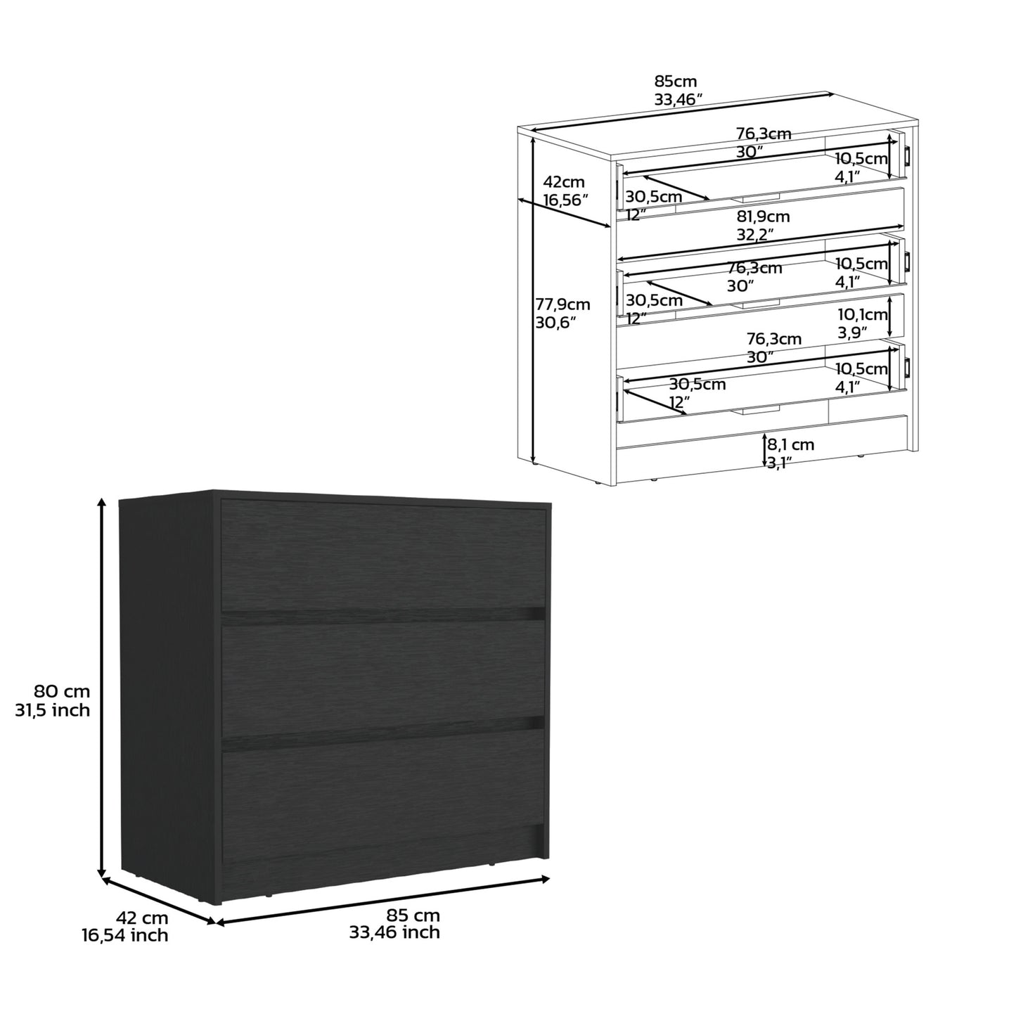 34" Black Three Drawer Dresser