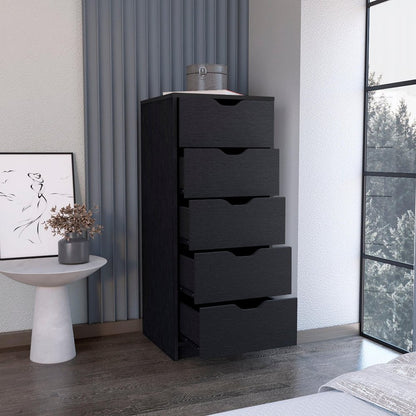 18" Black Wood Five Drawer Dresser