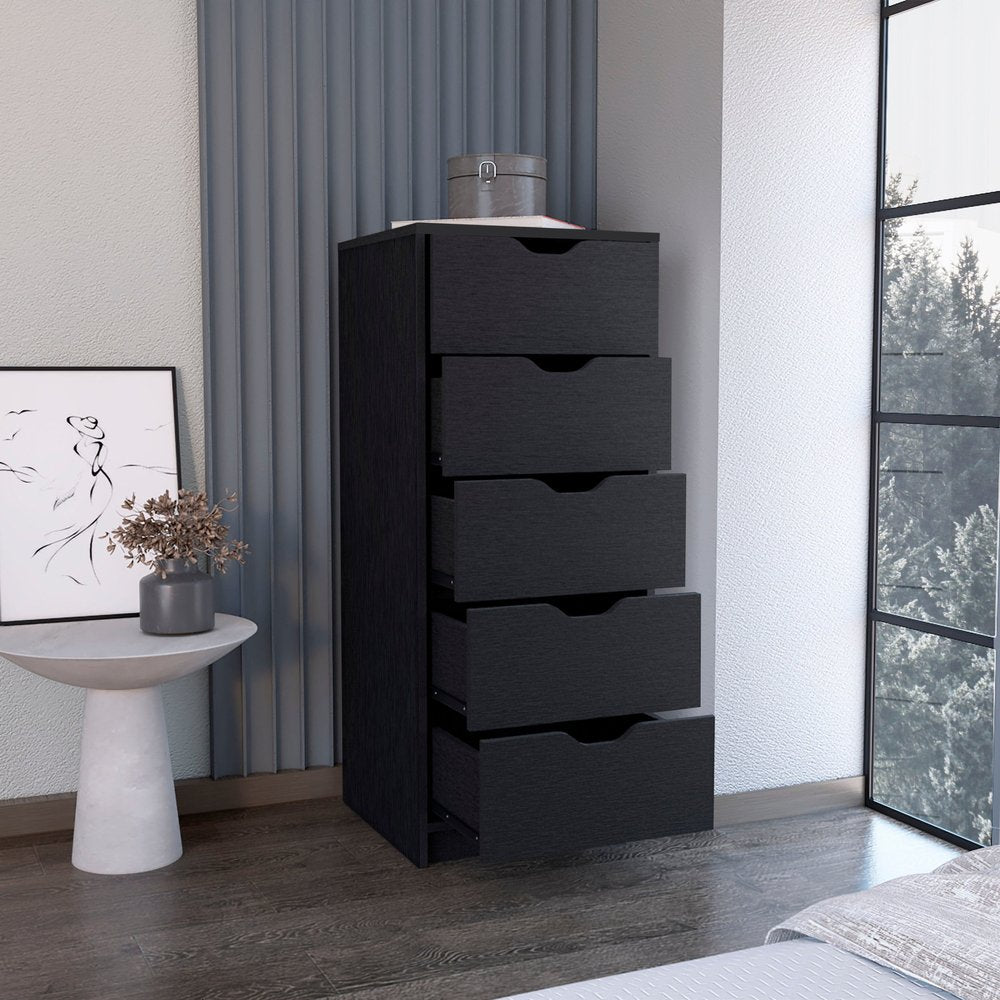 18" Black Wood Five Drawer Dresser