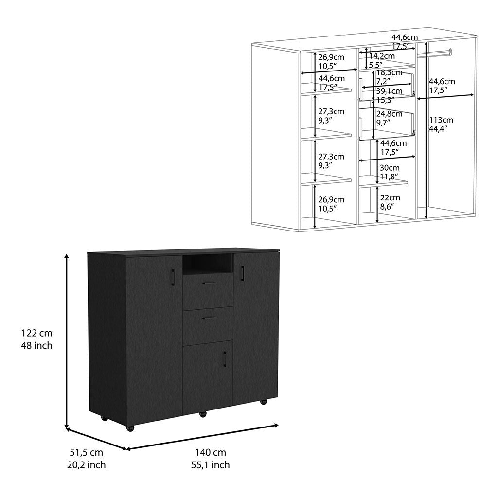 55" Black Two Drawer Combo Dresser