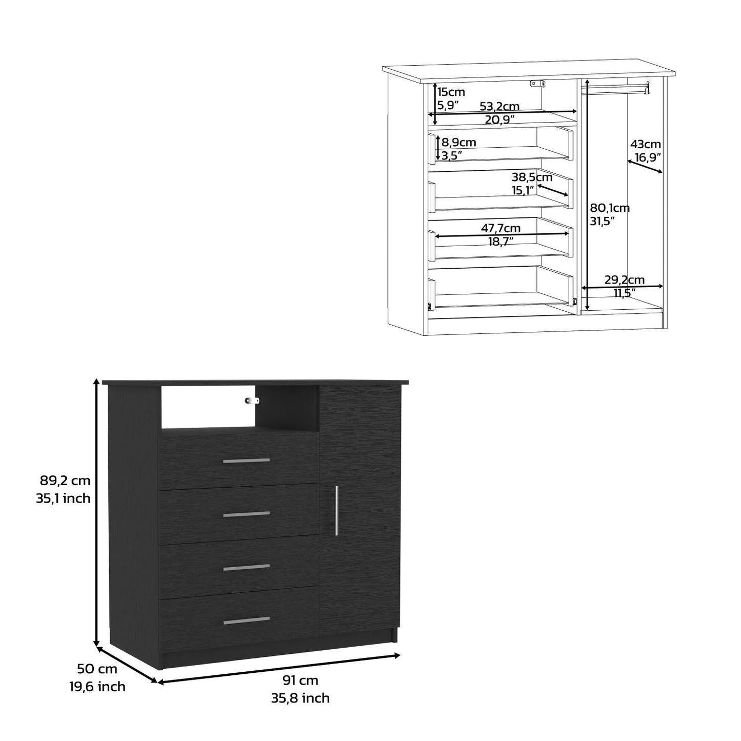 36" Black Four Drawer Combo Dresser