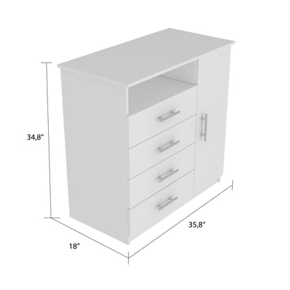 36" White Four Drawer Combo Dresser With Open Shelf