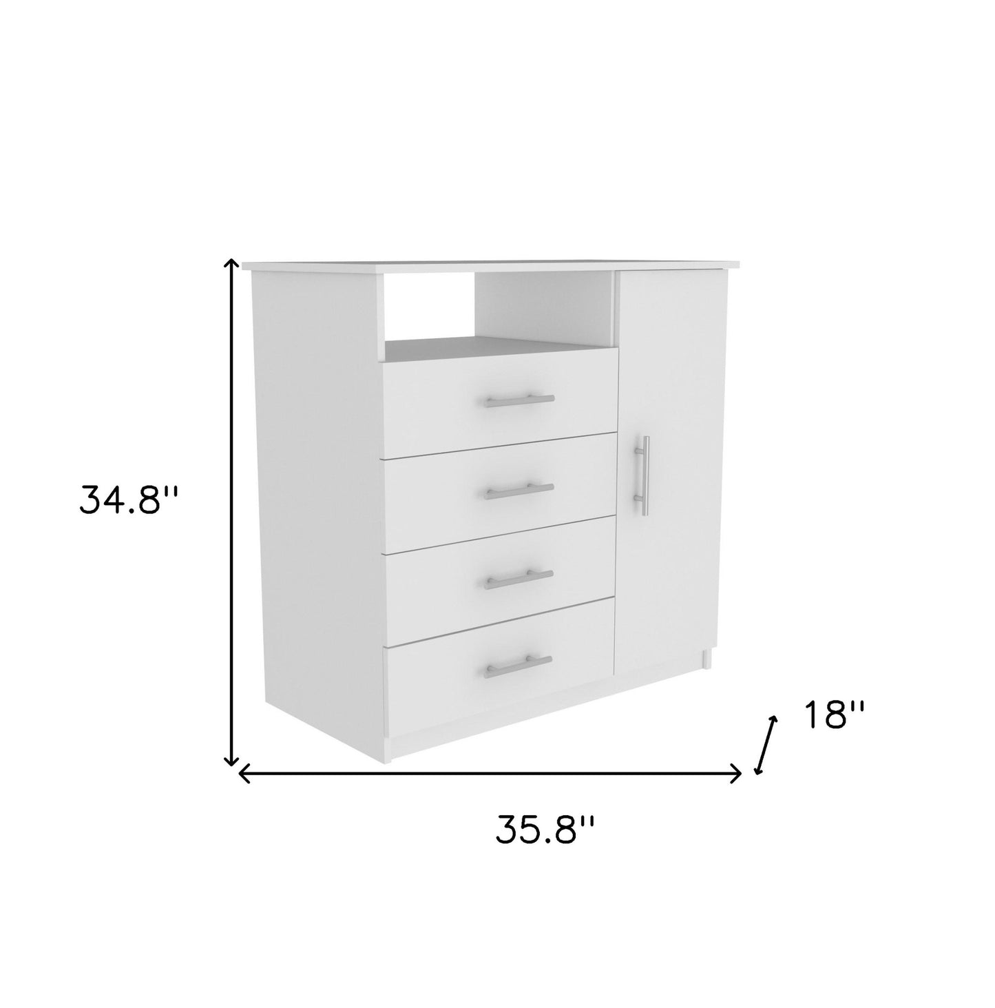 36" White Four Drawer Combo Dresser With Open Shelf