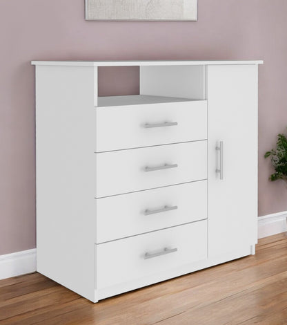 36" White Four Drawer Combo Dresser With Open Shelf