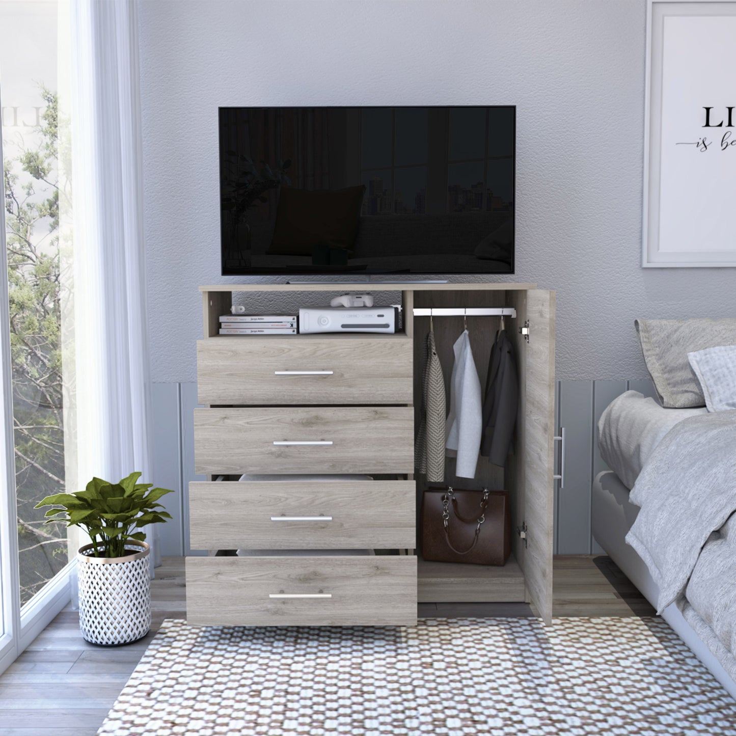 36" Light Gray Four Drawer Combo Dresser With Open Shelf