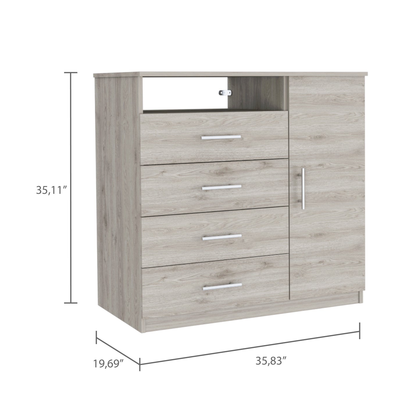 36" Light Gray Four Drawer Combo Dresser With Open Shelf