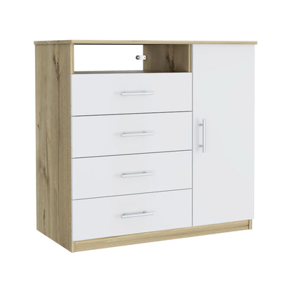 36" White and Natural Four Drawer Combo Dresser With Open Shelf