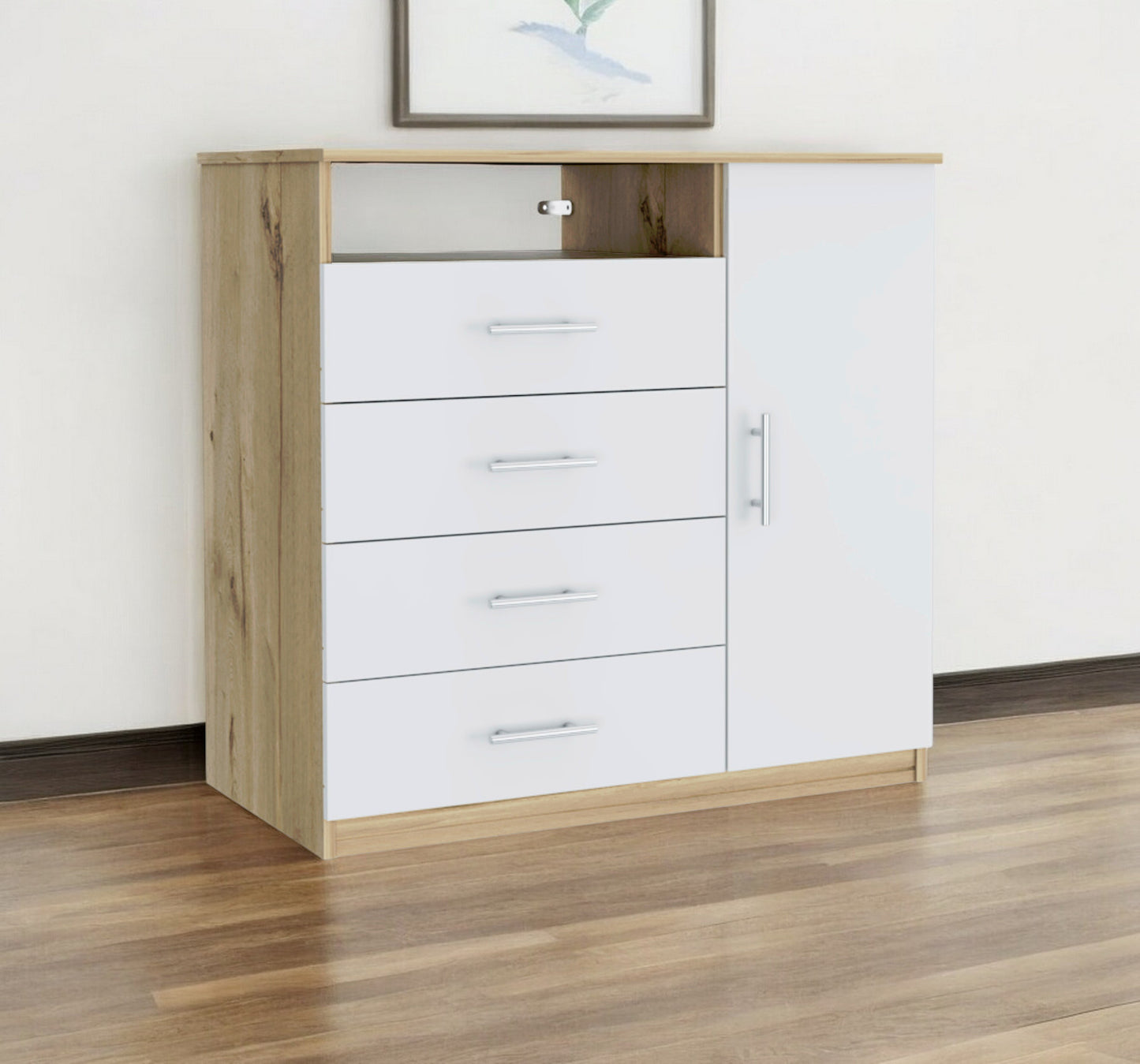 36" White and Natural Four Drawer Combo Dresser With Open Shelf