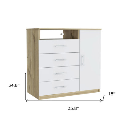 36" White and Natural Four Drawer Combo Dresser With Open Shelf