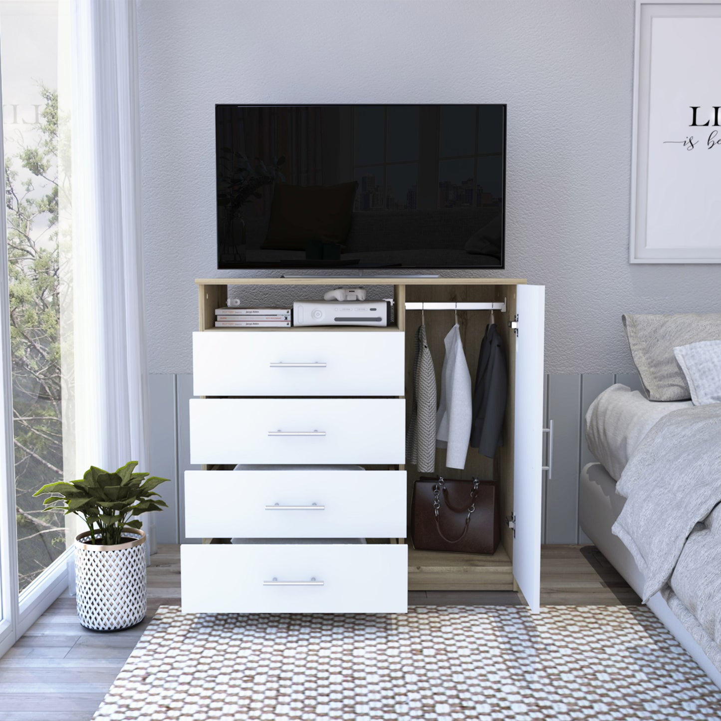 36" White and Natural Four Drawer Combo Dresser With Open Shelf