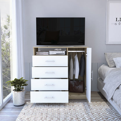 36" White and Natural Four Drawer Combo Dresser With Open Shelf