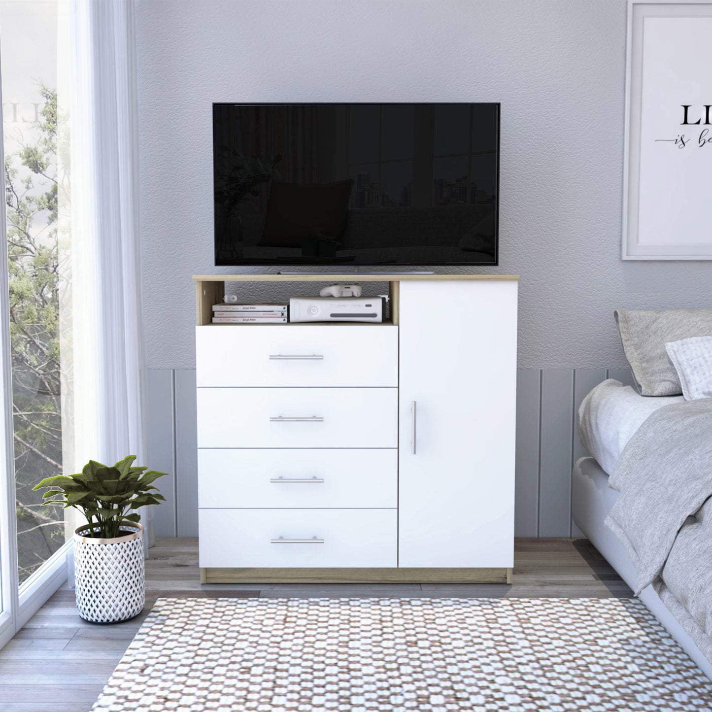 36" White and Natural Four Drawer Combo Dresser With Open Shelf