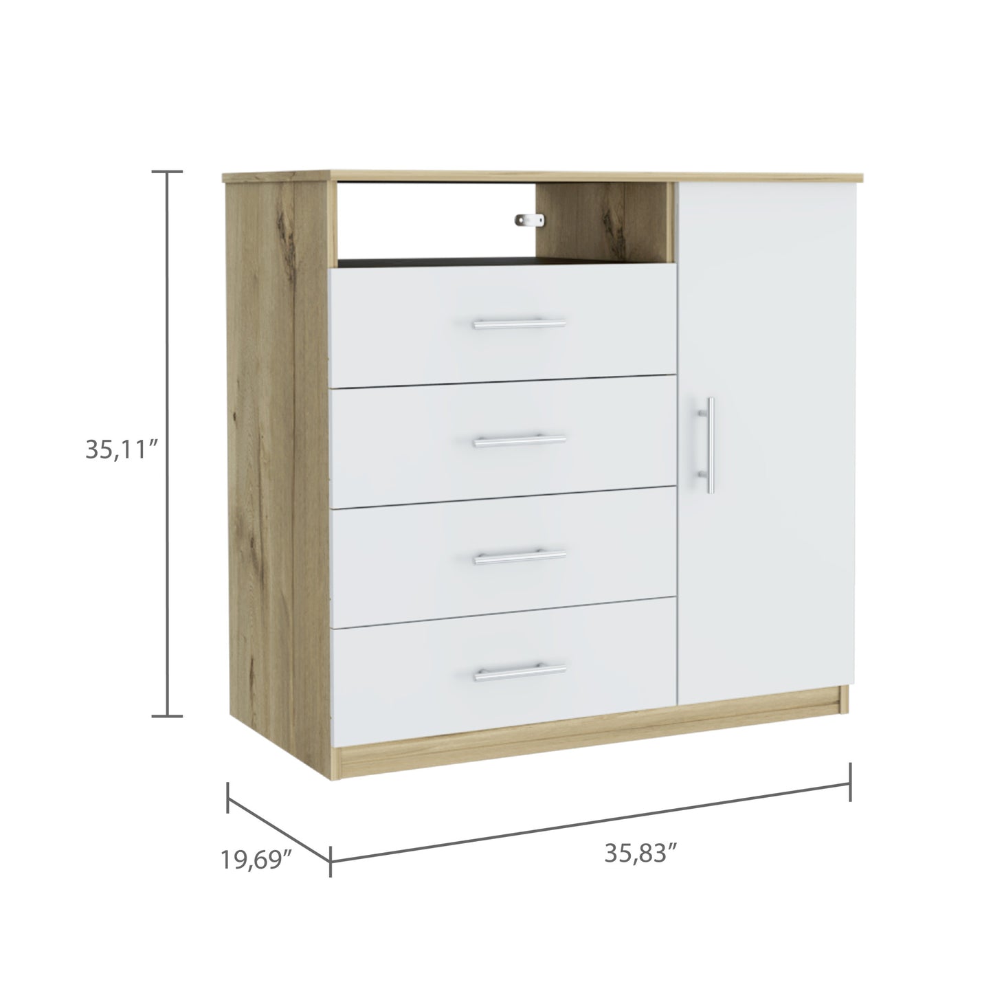 36" White and Natural Four Drawer Combo Dresser With Open Shelf