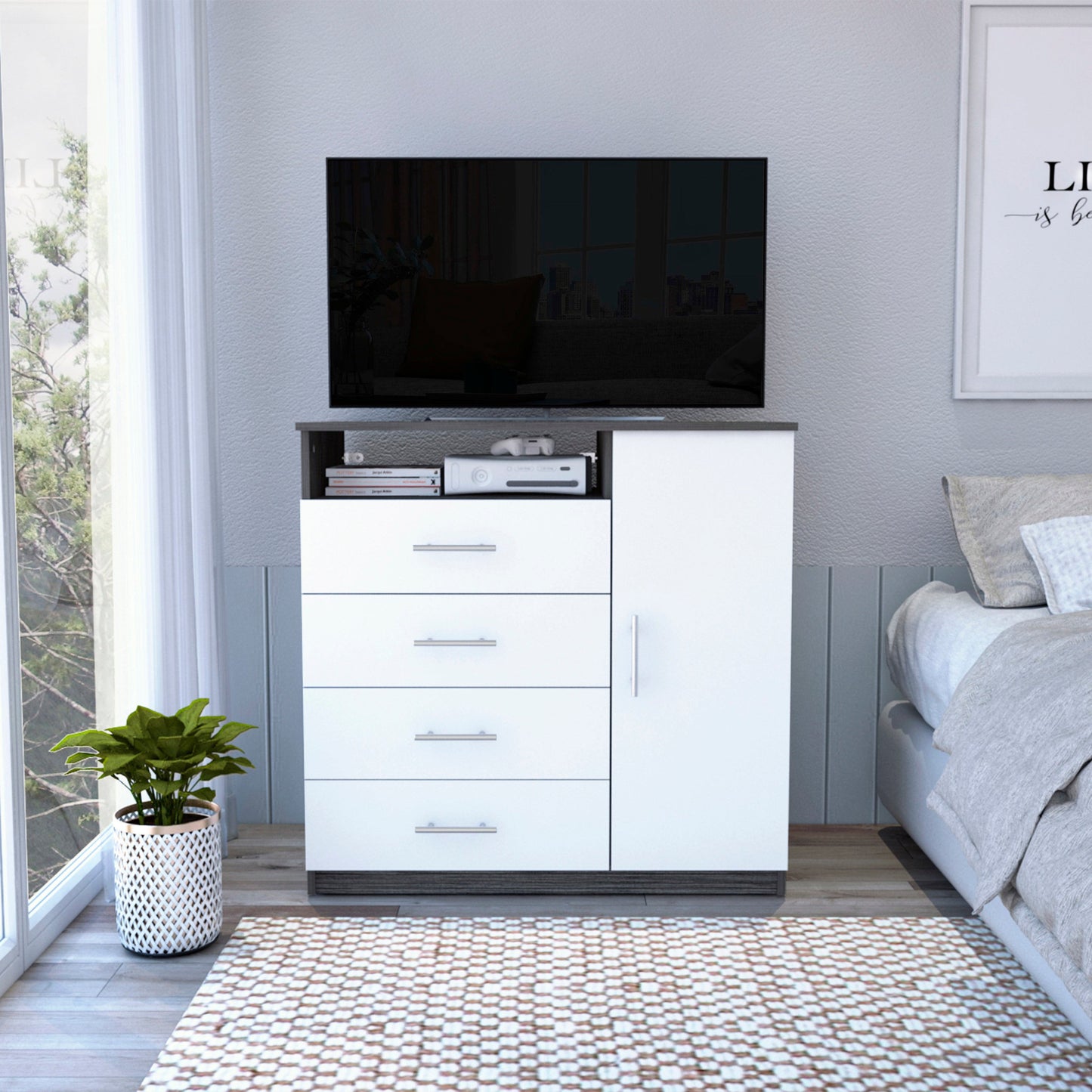 36" White and Gray Four Drawer Combo Dresser With Open Shelf