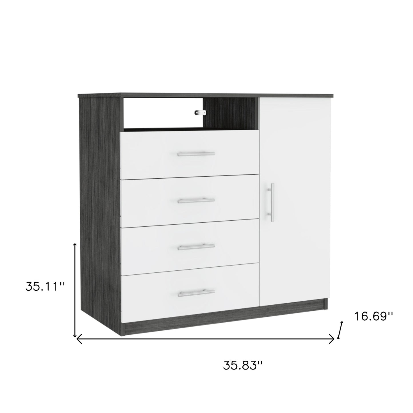 36" White and Gray Four Drawer Combo Dresser With Open Shelf