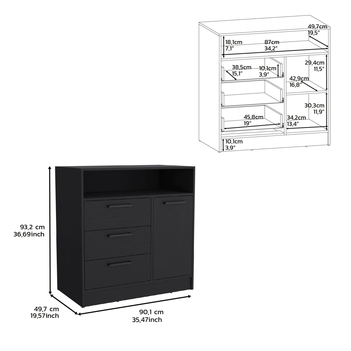 36" Black Three Drawer Combo Dresser With Open Shelf