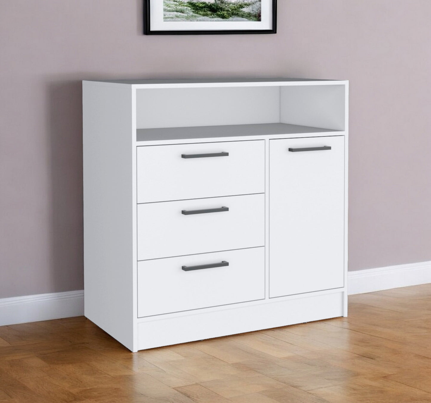 36" White Three Drawer Combo Dresser With Open Shelf