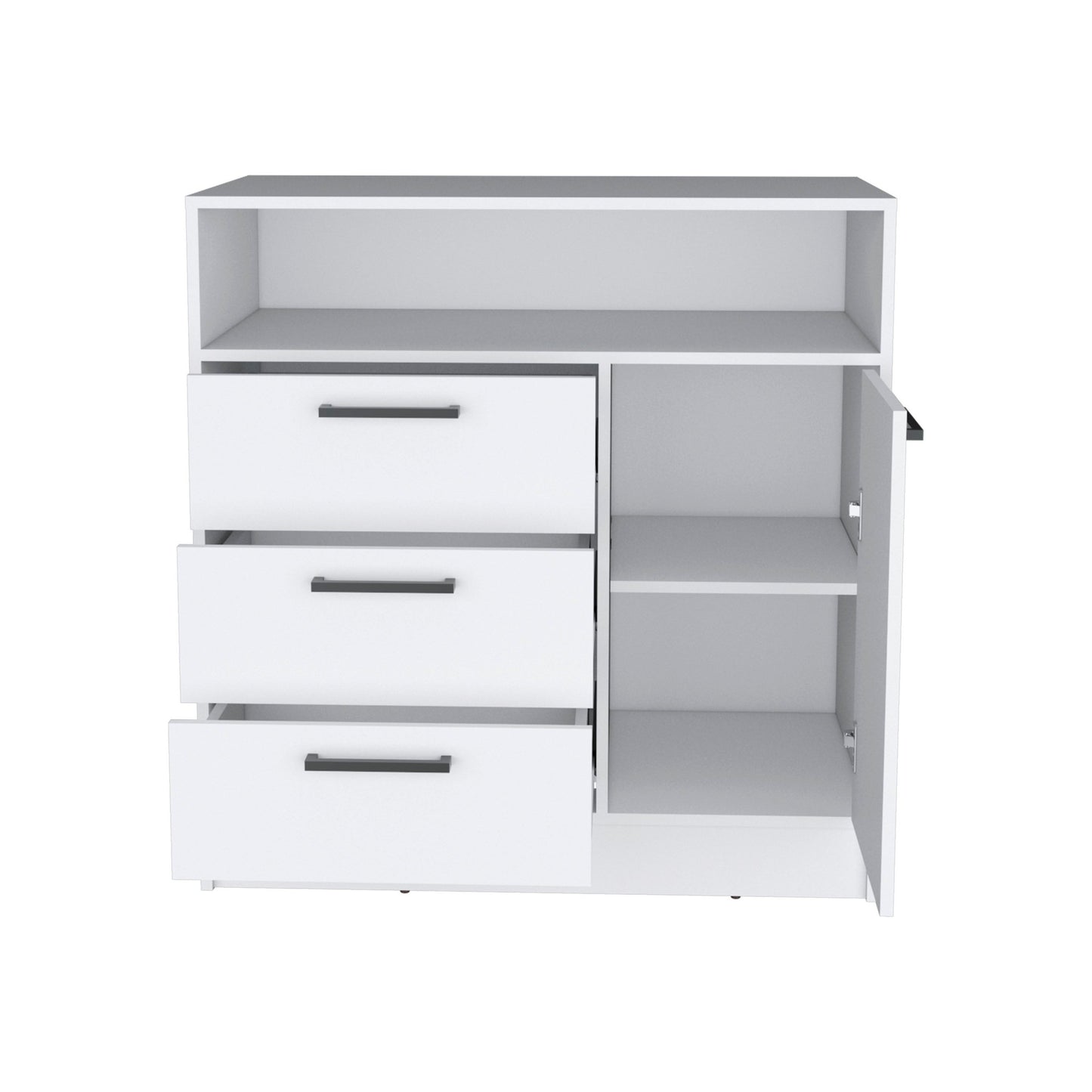 36" White Three Drawer Combo Dresser With Open Shelf