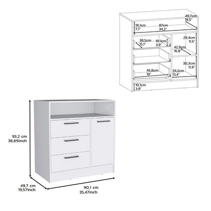 36" White Three Drawer Combo Dresser With Open Shelf