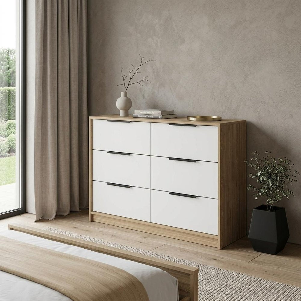 42" White And Natural Wood Six Drawer Double Dresser
