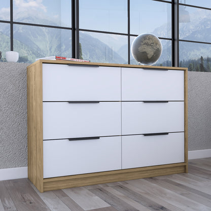 42" White and Natural Six Drawer Double Dresser