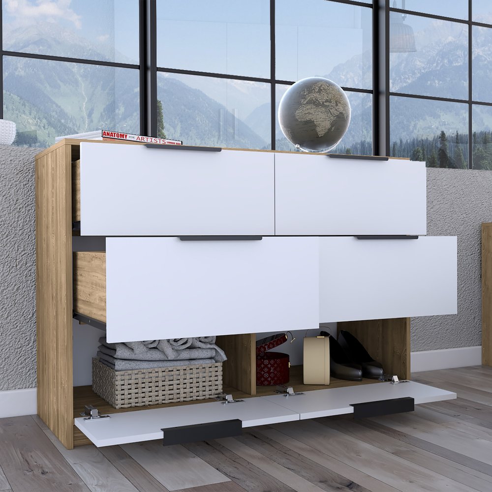 42" White And Natural Wood Six Drawer Double Dresser