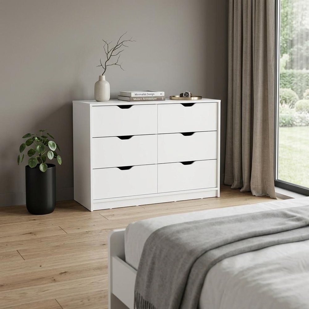 42" White Six Drawer Double Dresser